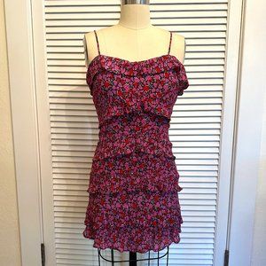 BLACK, PINK, AND RED FLORAL SLEEVELESS MINI DRESS WITH RUFFLES. SZ XS/S.
